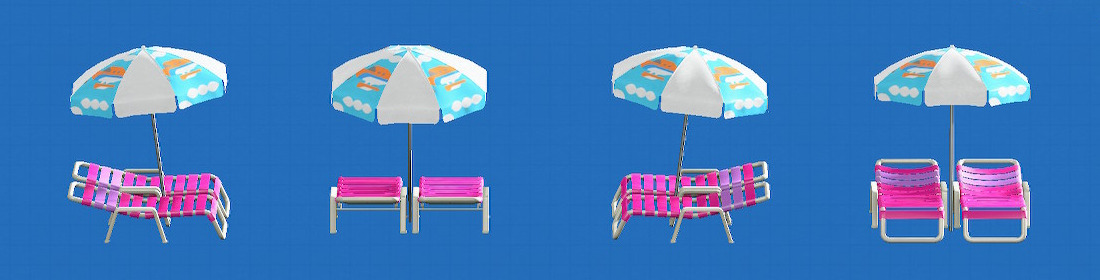 あつ森のパラソルつきビーチベッドのベッドがピンク、パラソルがマイデザイン