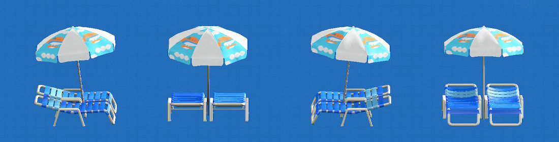 あつ森のパラソルつきビーチベッドのベッドがブルー、パラソルがマイデザイン