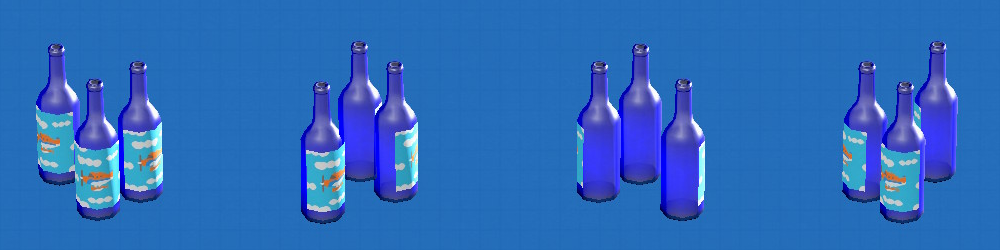 あつ森のディスプレイボトルのカラーがブルー、ラベルがマイデザイン