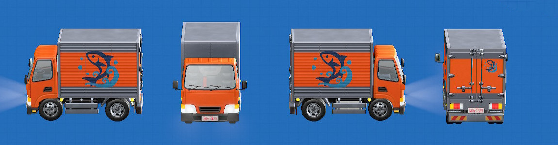 あつ森のトラックの車体の色がオレンジ、ロゴが水産物