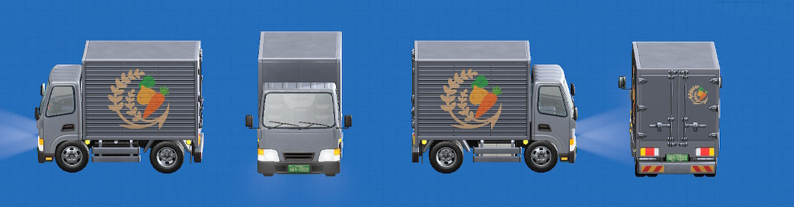 あつ森のトラックの車体の色がシルバー、ロゴが野菜