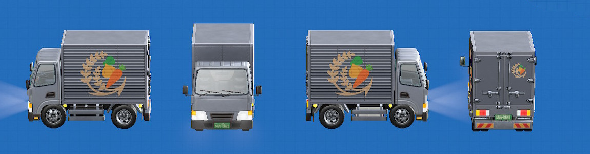 あつ森のトラックの車体の色がシルバー、ロゴが野菜