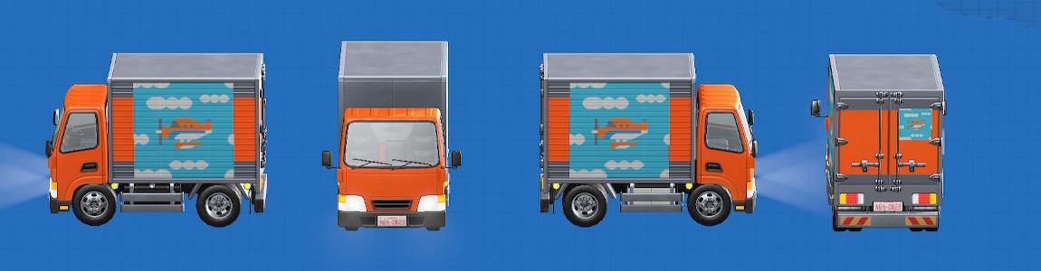 あつ森のトラックの車体の色がオレンジ、ロゴがマイデザイン