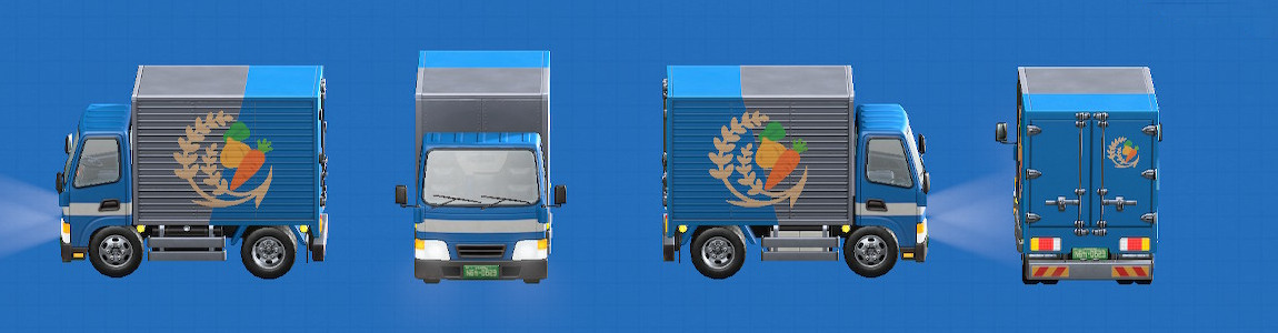あつ森のトラックの車体の色がブルー、ロゴが野菜