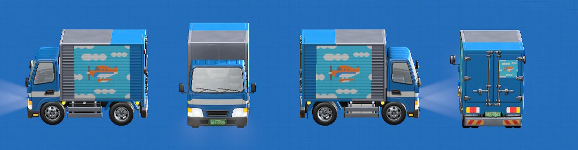 あつ森のトラックの車体の色がブルー、ロゴがマイデザイン
