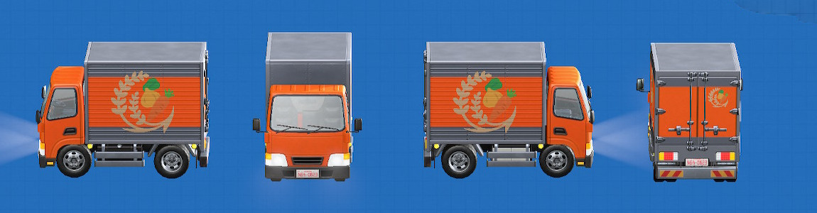 あつ森のトラックの車体の色がオレンジ、ロゴが野菜