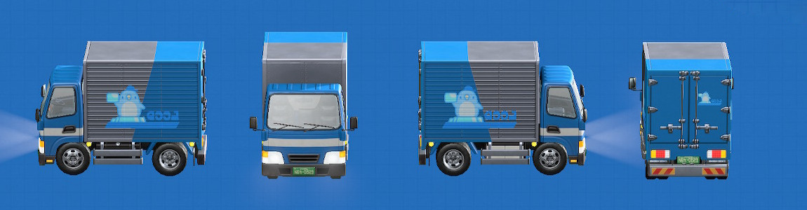 あつ森のトラックの車体の色がブルー、ロゴがクール便