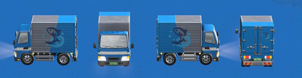 あつ森のトラックの車体の色がブルー、ロゴが水産物