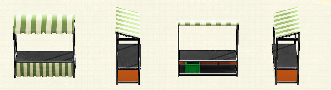 あつ森のやたいのフレームがオレンジ×シルバー、のれんがグリーンストライプ